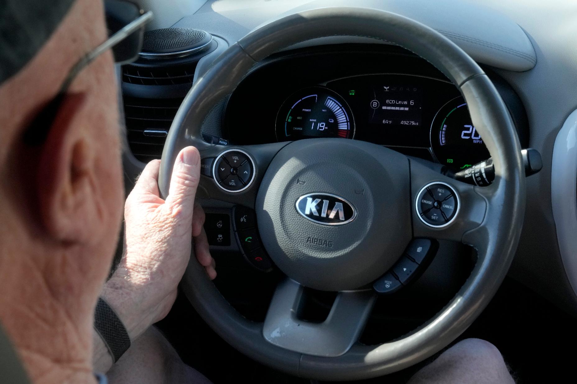 The dashboard of a Kia Soul electric vehicle is shown as Ken Honeycutt drives while interviewed in San Lorenzo, Calif., Saturday, Nov. 9, 2024. (AP Photo/Jeff Chiu)
