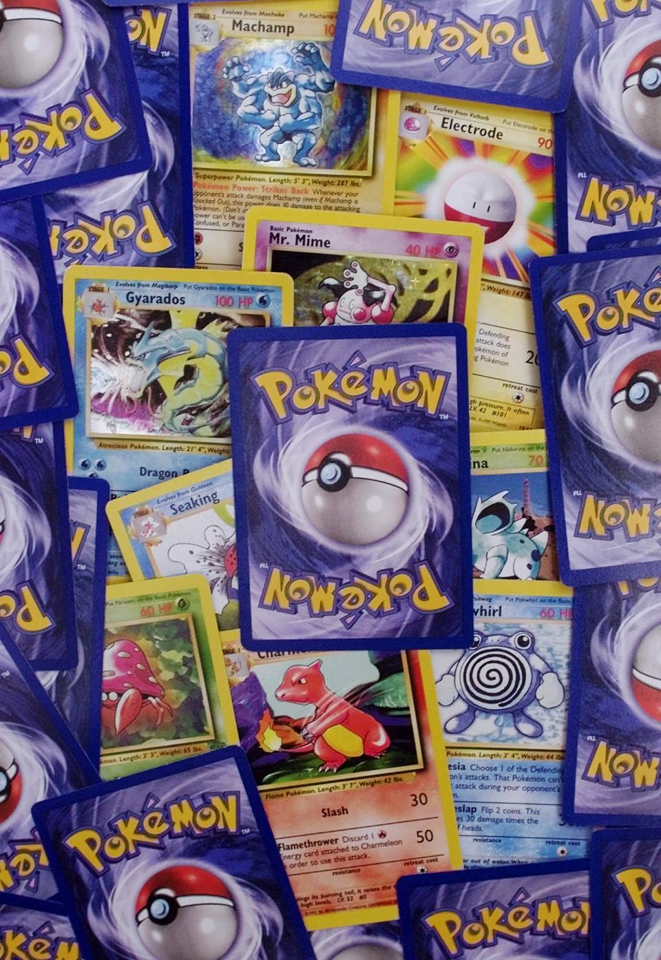FILE- In this Sept. 8, 1999 file photo, a selection of Pokemon trading cards are displayed in Scituate, Mass. (AP Photo/Charles Krupa, file)