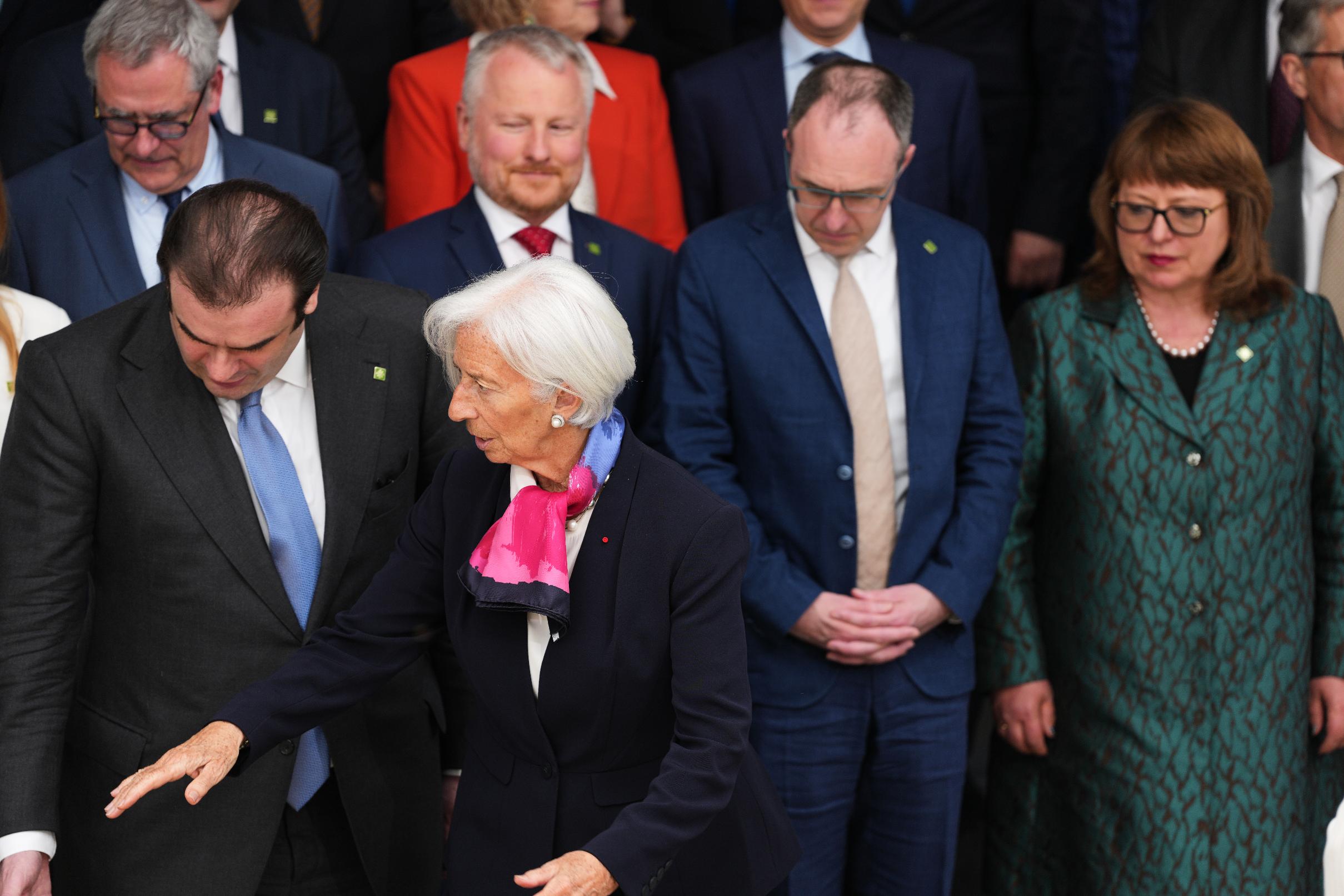 European Central Bank President Christine Lagarde, second left, and President of the Eurogroup Kyriakos Pierrakakis, left, gather with European Finance ministers and Governors for a family photo during the Informal meeting of the economic and financial affairs council, in capital Nicosia, Cyprus, Friday, May 22, 2026. (AP Photo/Petros Karadjias)