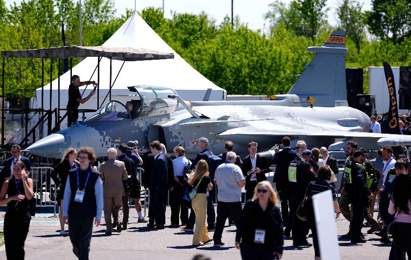 A Saab Gripen multirole fighter aircraft is exhibited at the Canadian Association of Defence and Security Industries annual defense industry trade show CANSEC, in Ottawa, on Wednesday, May 27, 2026. (Justin Tang/The Canadian Press via AP)