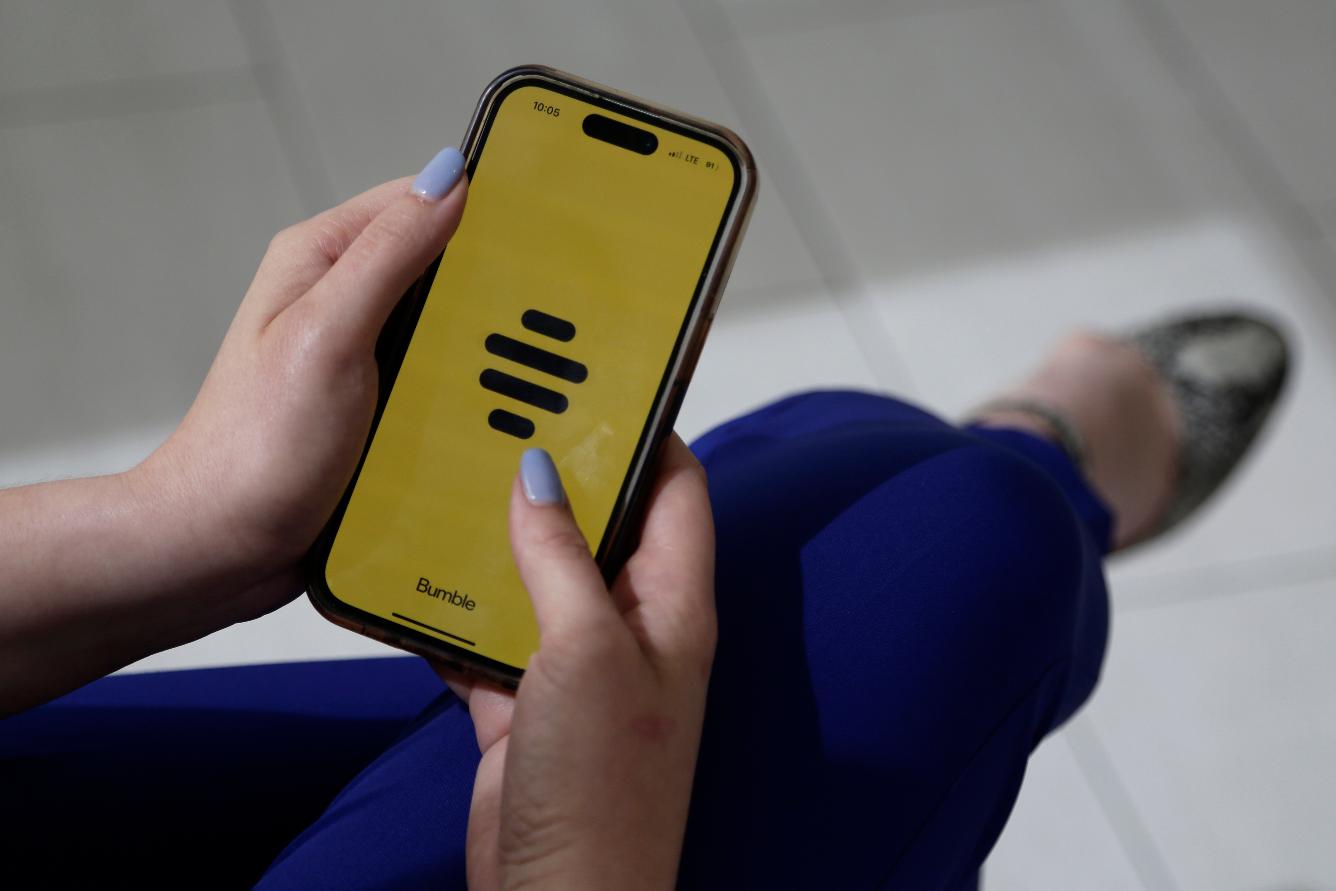 FILE - The dating app Bumble on a smart phone, June 26, 2024, in New York. (AP Photo/Peter Morgan, File)
