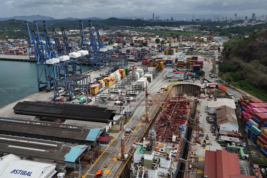 An aerial view of the Balboa terminal, run by CK Hutchison's Panama Ports Co., after Panama's government ordered the occupation of the port following a Supreme Court ruling that the concession was unconstitutional, in Panama City, Monday, Feb. 23, 2026. (AP Photo/Matias Delacroix)