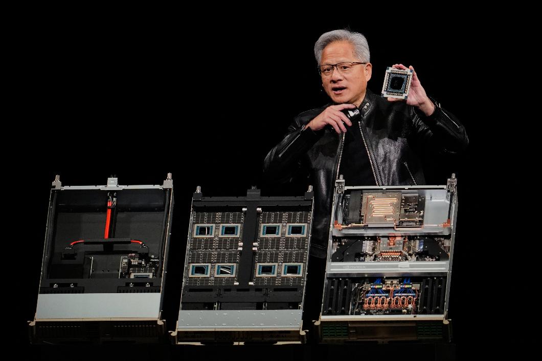 Nvidia CEO Jensen Huang speaks about the Vera Rubin system during an Nvidia conference focusing on artificial intelligence in San Jose, Calif., Monday, March 16, 2026. (AP Photo/Godofredo A. Vásquez)