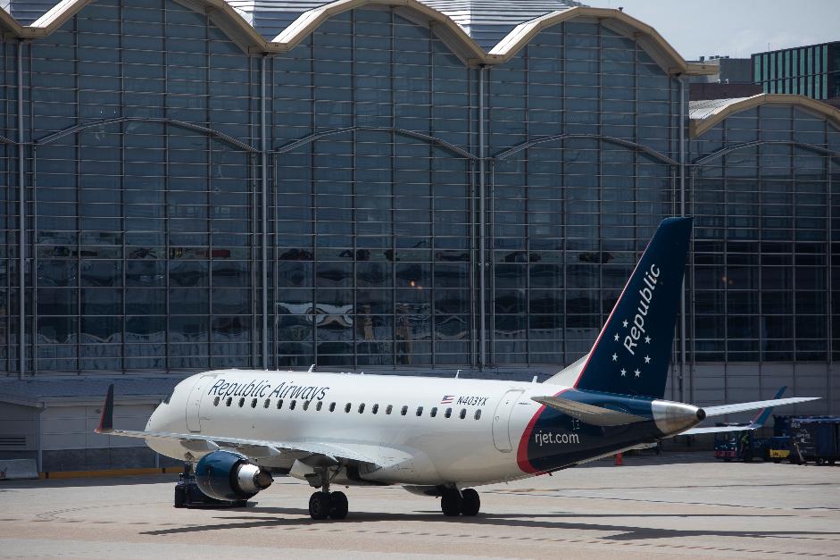 FILE - A Republic Airways jet is seen at Ronald Reagan Washington National Airport in Arlington, Va., June 2, 2021. (AP Photo/Jenny Kane, File)
