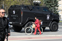 Police guard the Palace of the Republic prior visit of Donald Trump Jr. and meetings with representatives of the authorities of the Republika Srpska, in Banja Luka, Bosnia, Tuesday, April 7, 2026. (AP Photo/Radivoje Pavicic)