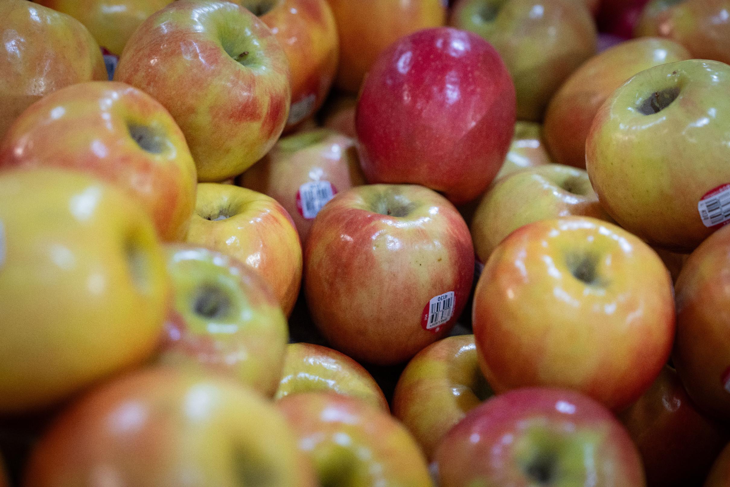 Apples are displayed for sale in the produce section of a grocery store on Monday, May 11, 2026, in Portland, Ore. (AP Photo/Jenny Kane)