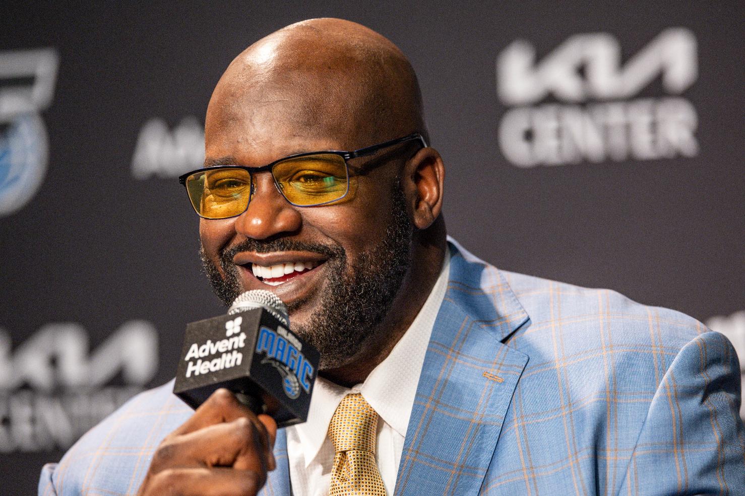 FILE - Shaquille O'Neal speaks during a press conference on Feb. 13, 2024, in Orlando, Fla. (AP Photo/Kevin Kolczynski, File)
