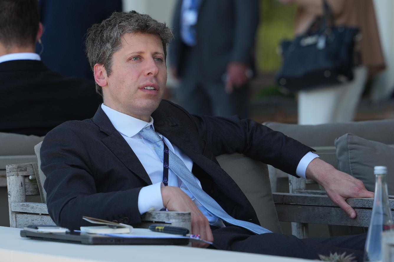CEO of OpenAI Sam Altman talks to CEO of Google DeepMind Demis Hassabis, not seen, on the sidelines of the G7 summit, Wednesday, June 17, 2026, in Evian-les-Bains, France. (AP Photo/Julia Demaree Nikhinson)