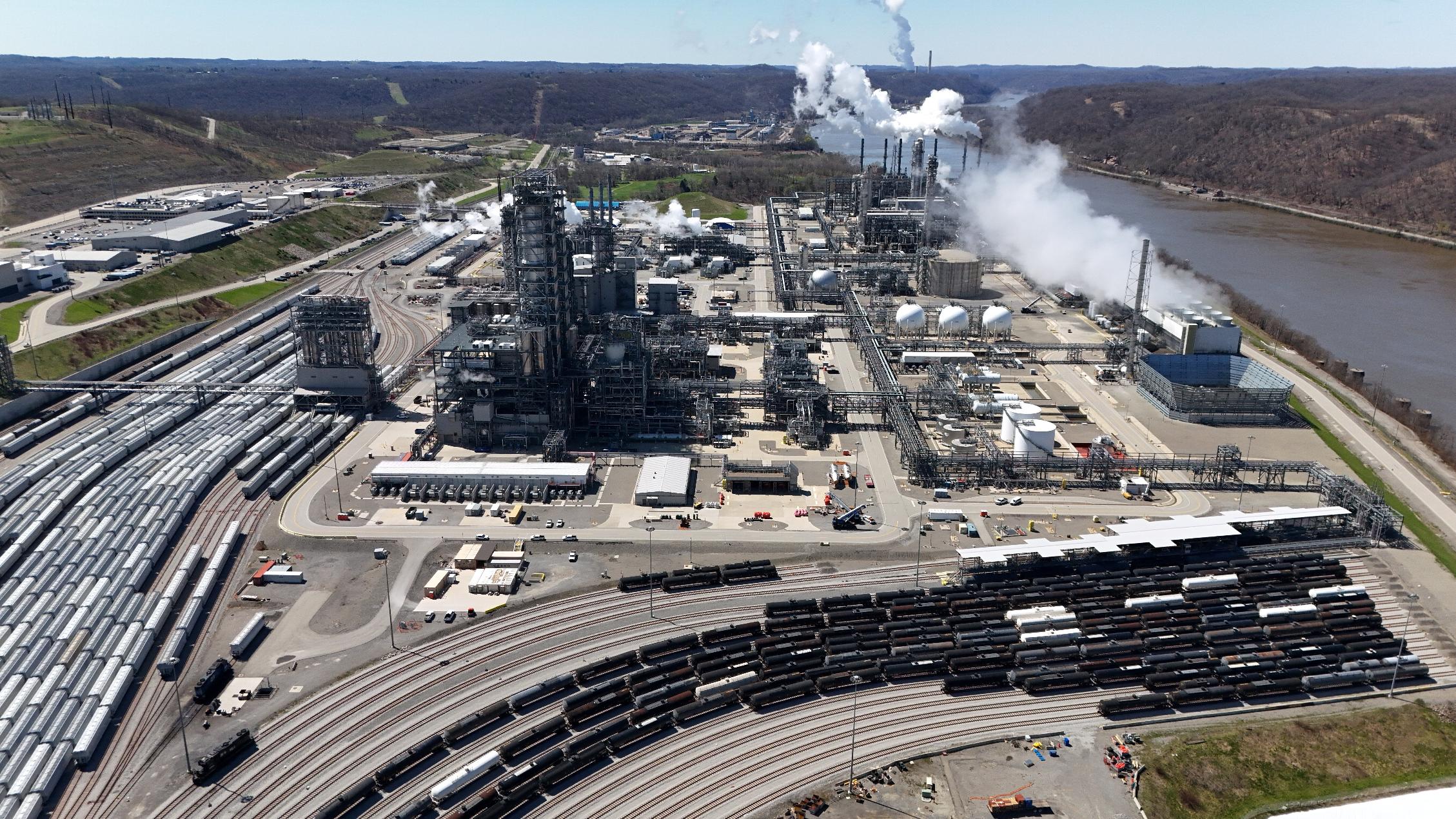 The Shell Polymers Monaca Plant, a petrochemical plant, operates in Monaca, Pa., Tuesday, April 7, 2026. (AP Photo/Gene J. Puskar)