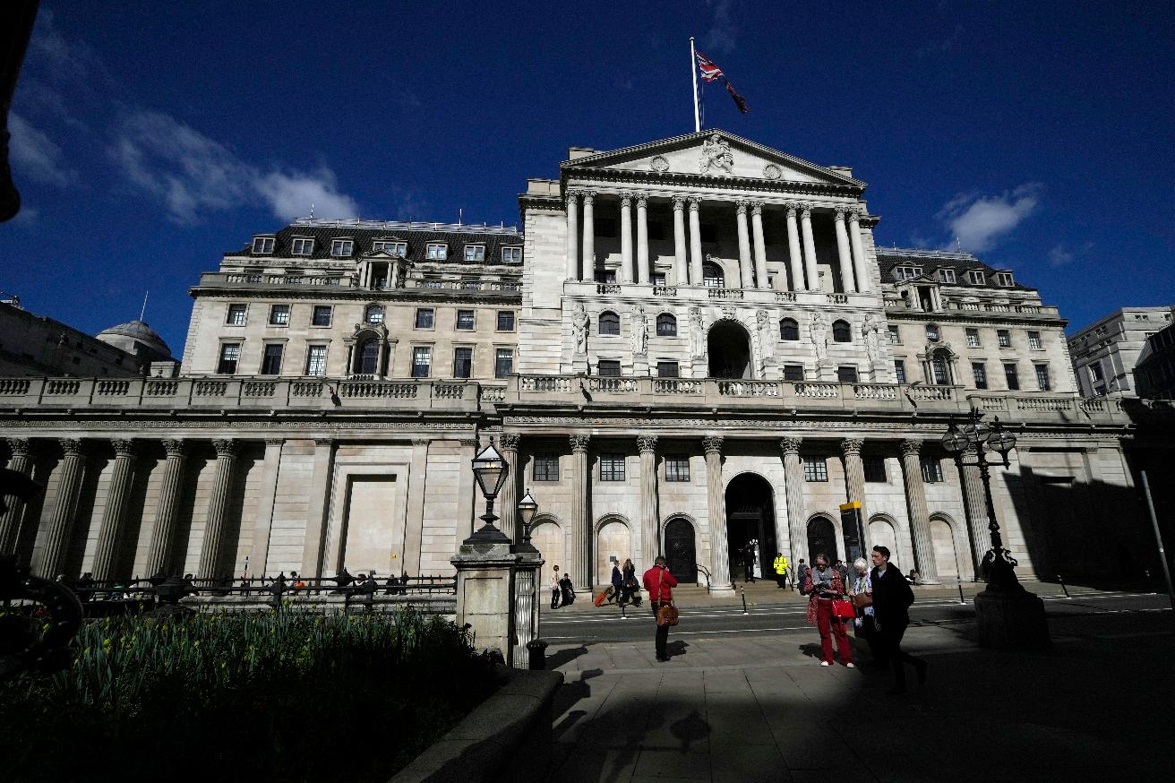 FILE - A general view of the Bank of England in the City of London, March 17, 2022. (AP Photo/Alastair Grant, File)