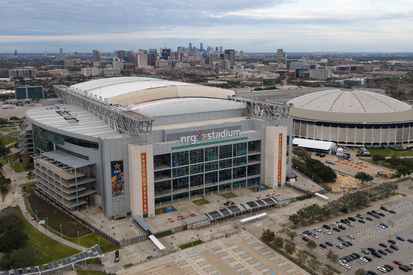 FILE - An aerial view of the NRG Stadium, one of the stadiums that will host 2026 FIFA World Cup matches, in Houston, Monday, Feb. 2, 2026. The Astrodome is pictured on right. (AP Photo/Jon Shapley, File)