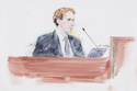 This courtroom sketch shows Meta CEO Mark Zuckerberg testifying in a landmark trial over whether social media platforms deliberately addict and harm children, Wednesday, Feb. 18, 2026, in Los Angeles. (William T. Robles via AP)