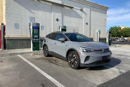 This photo provided by Edmunds shows the 2022 ID.4, an electric SUV that offers an impressive list of standard safety features and a subscription-based system that helps in the case of a crash. (Courtesy of Edmunds via AP)