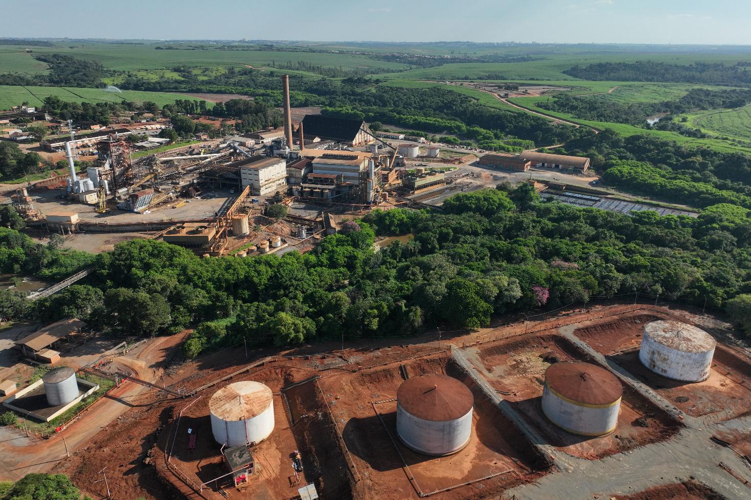 An aerial view of the Ester sugarcane and ethanol plant in Cosmopolis, Brazil, Tuesday, March 24, 2026. (AP Photo/Andre Penner)