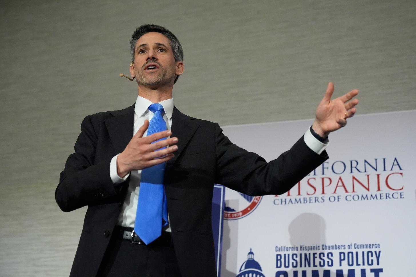 Matt Mahan speaks during a gubernatorial candidate forum in Sacramento, Calif., Tuesday, April 14, 2026. (AP Photo/Godofredo A. Vásquez)