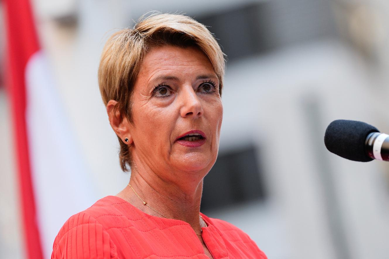 FILE - Swiss Federal Councillor Karin Keller-Sutter speaks during a Swiss National Day flag raising ceremony with New York Mayor Eric Adams, not pictured, at Bowling Green, Thursday, Aug. 1, 2024, in New York. (AP Photo/Julia Nikhinson, file)