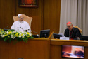 Pope Leo XIV listens to Cardinal Víctor Manuel Fernández, prefect of the Dicastery for the Doctrine of the Faith, right, during the presentation of Pope Leo XIV's first encyclical, "Magnifica humanitas: On Safeguarding the Human Person in the Time of Artificial Intelligence," at the Vatican, Monday, May 25, 2026. (AP Photo/Alessandra Tarantino)