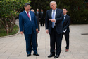 U.S. President Donald Trump gestures towards Chinese President Xi Jinping while leaving after a visit to the Zhongnanhai Garden in Beijing, Friday, May 15, 2026. (Evan Vucci/Pool Photo via AP)