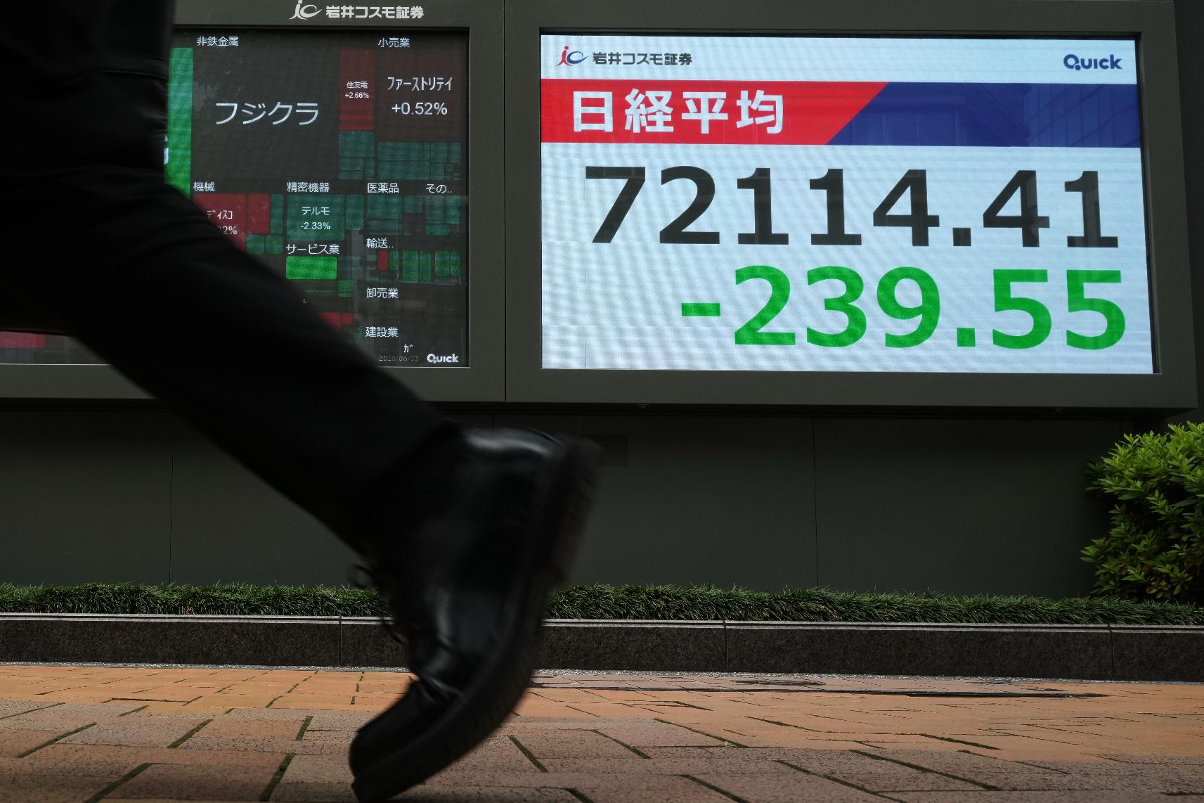 A man walks past a monitor showing Japan's Nikkei 225 index at a securities firm in Tokyo, Tuesday, June 23, 2026. (AP Photo/Hiro Komae)