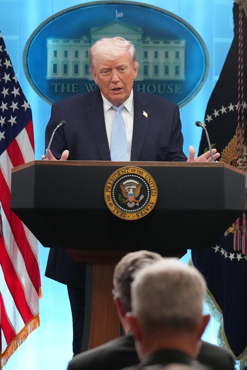 President Donald Trump speaks with reporters during a news conference in the James Brady Press Briefing Room at the White House, Monday, April 6, 2026, in Washington. (AP Photo/Mark Schiefelbein)