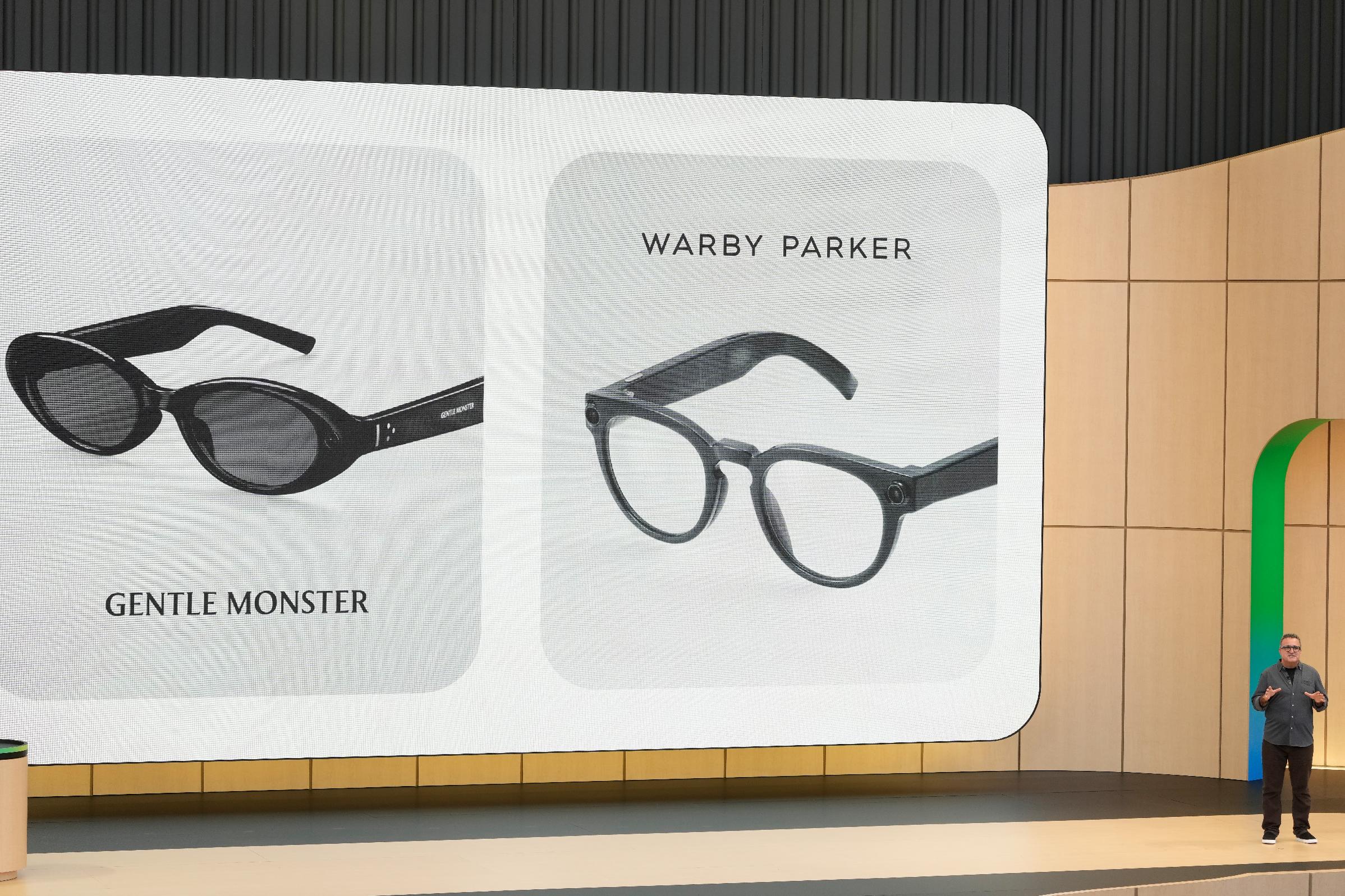 Shahram Izadi, of Android XR Platform & Products, speaks about intelligent eyewear while speaking at a Google I/O event in Mountain View, Calif., Tuesday, May 19, 2026. (AP Photo/Jeff Chiu)