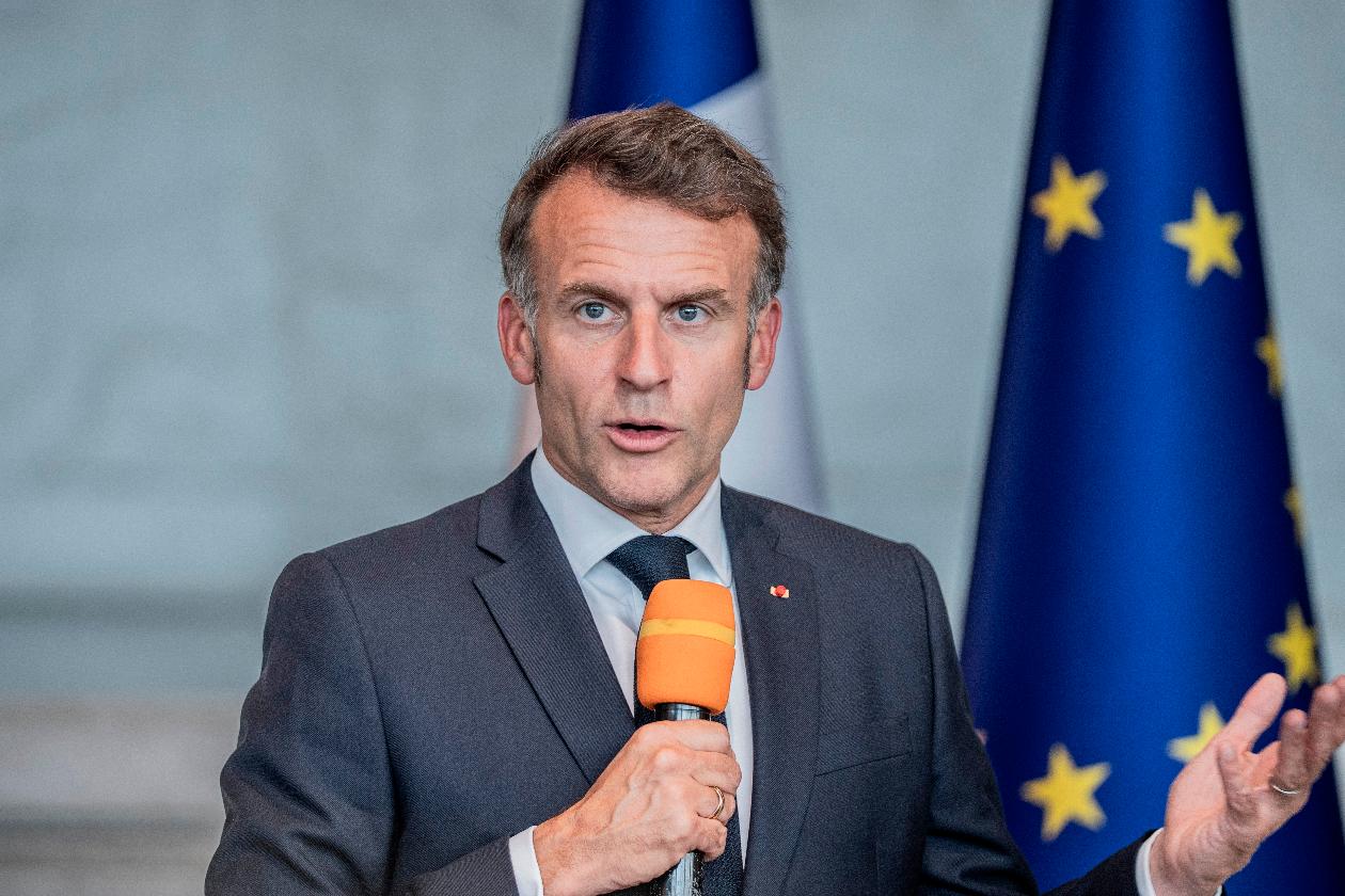 France's President Emmanuel Macron speaks during a joint press conference with African Union Commission Chairperson Mahmoud Ali Youssouf, not pictured, at the African Union headquarters in Addis Ababa, Ethiopia, Wednesday, May 13, 2026. (AP Photo/Amanuel Sileshi)
