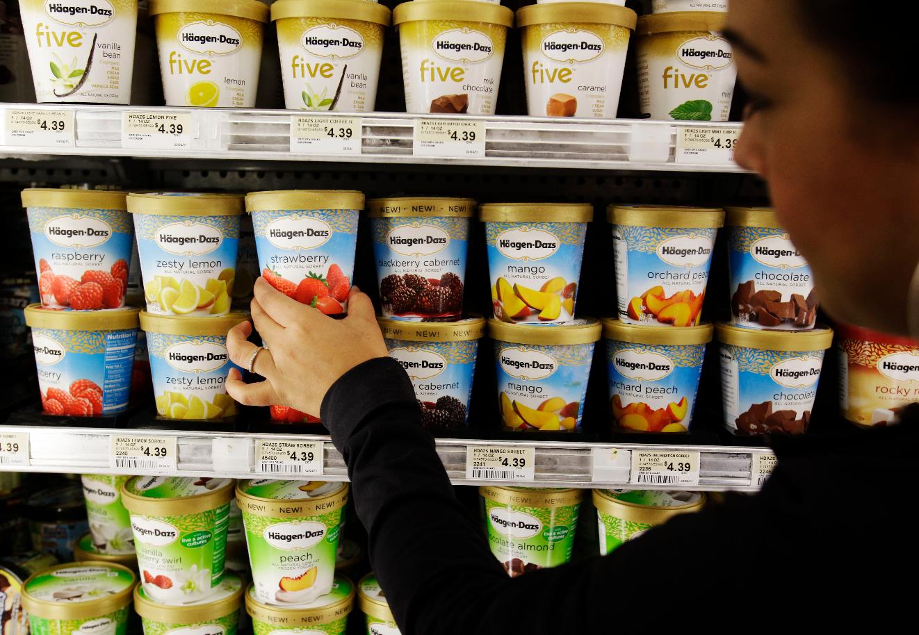FILE -A shopper picks out General Mill's Haagen-Dazs ice cream at Piazza's grocery store in Palo Alto, Calif., June 28, 2011. (AP Photo/Paul Sakuma, File)