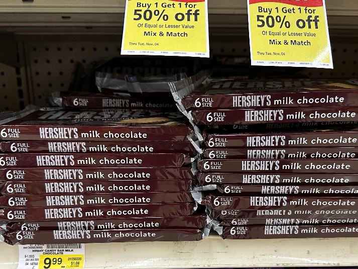 Hershey's milk chocolates are displayed on a shelve at a grocery store in Mount Prospect, Ill., Monday, Oct. 20, 2025. (AP Photo/Nam Y. Huh)
