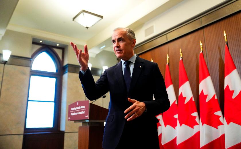 Prime Minister Mark Carney leaves after making an announcement on Parliament Hill in Ottawa on Thursday, May 14, 2026. (Sean Kilpatrick/The Canadian Press via AP)