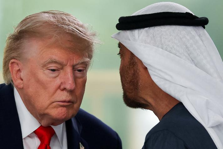 President Donald Trump listens to President of the United Arab Emirates (UAE) Sheikh Mohamed bin Zayed Al Nahyan at a working lunch with leaders of G7 and the Middle East in Evian-les-Bains, France, Tuesday, June 16, 2026. (Christian Hartmann/Pool Photo via AP)