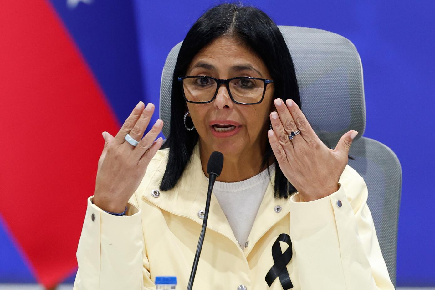 FILE - Venezuela's acting President Delcy Rodríguez speaks during a press conference in Caracas, Venezuela, on July 2, 2026. (AP Photo/Pedro Mattey, File)
