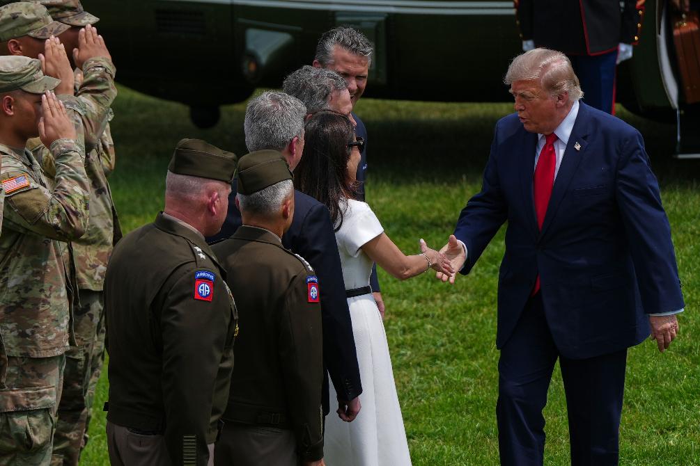 President Donald Trump greets Dina Powell McCormick, as he arrives at the United States Army War College in Carlisle, Pa., for the Pennsylvania Defense and Innovation Summit, Wednesday, July 15, 2026. (AP Photo/Julia Demaree Nikhinson)