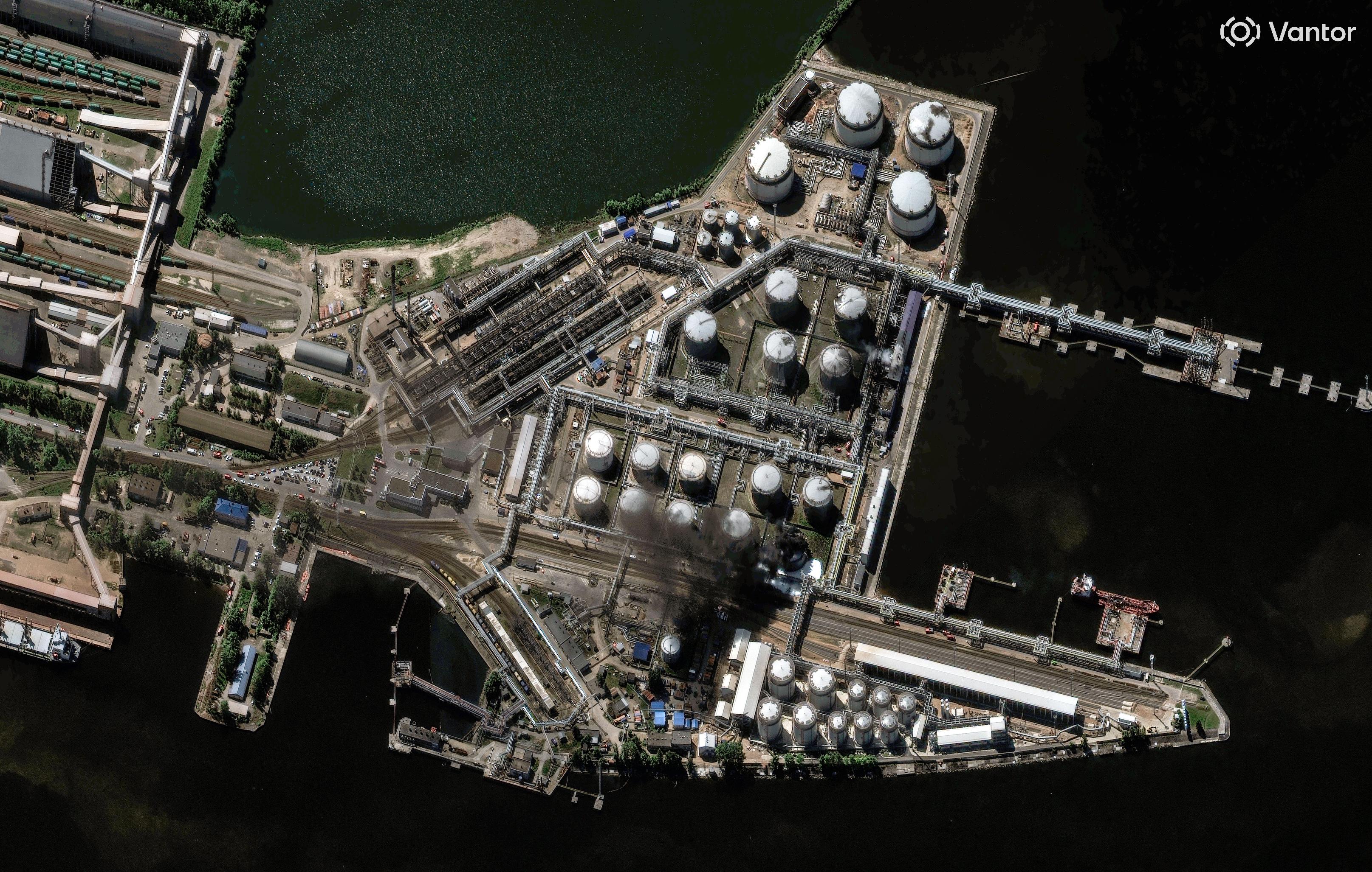 This satellite image provided by Vantor shows the aftermath of the reported drone attacks that struck an oil terminal in St. Petersburg, Russia, Wednesday, June 3, 2026. (Satellite image ©2026 Vantor via AP)
