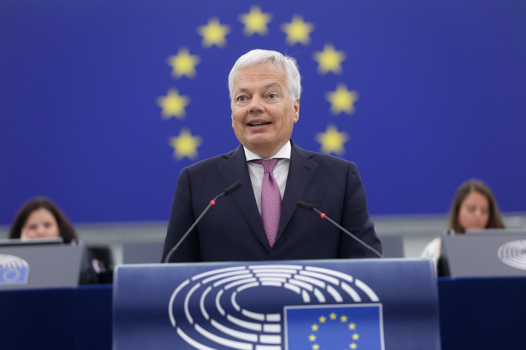FILE - European Commissioner for Justice Didier Reynders delivers a speech on the electoral law, the investigative committee and the rule of law in Poland, Wednesday, June 14, 2023 at the European Parliament in Strasbourg, eastern France. The European Union on Thursday, Oct. 12, 2023 ordered U.S. biotech giant Illumina to undo its $7.1 billion purchase of cancer-screening company Grail because it closed the deal without approval of regulators in the 27-nation bloc. (AP Photo/Jean-Francois Badias, File)
