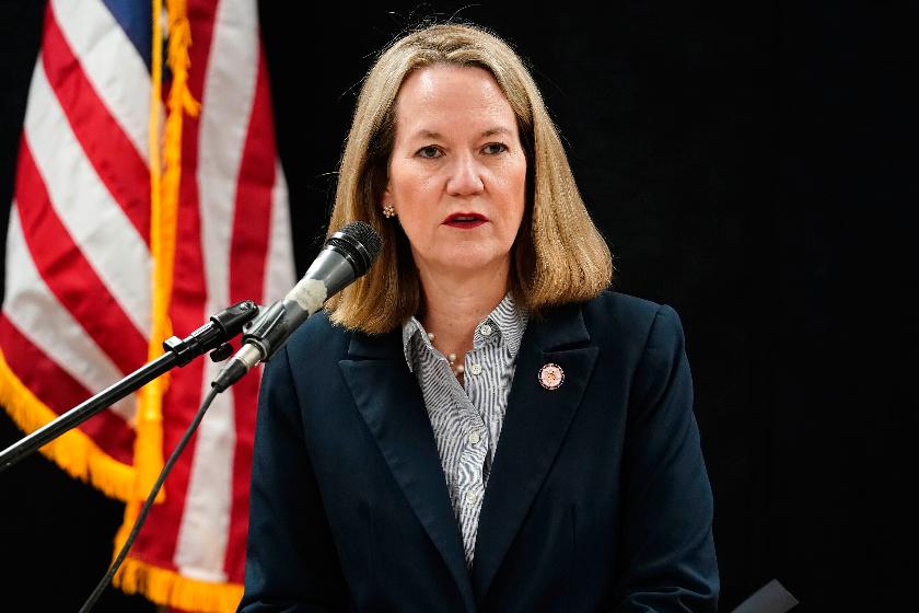 FILE - Arizona Attorney General Kris Mayes speaks at the Arizona State Prison, March 19, 2025, in Florence, Ariz. (AP Photo/Darryl Webb, File)