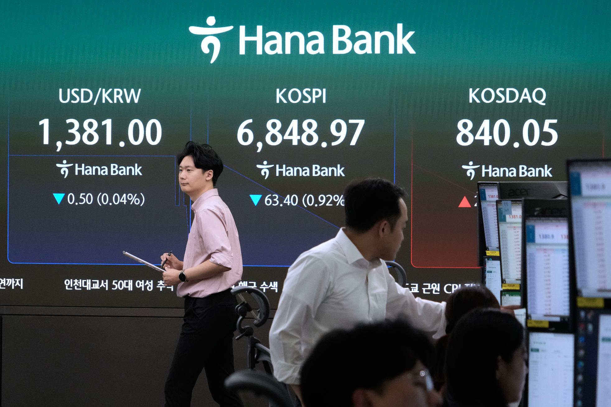 Currency traders work near a screen showing the Korea Composite Stock Price Index (KOSPI) and the foreign exchange rate between U.S. dollar and South Korean won at the foreign exchange dealing room of the Hana Bank headquarters in Seoul, South Korea, Friday, Aug. 28, 2026. (AP Photo/Ahn Young-joon)