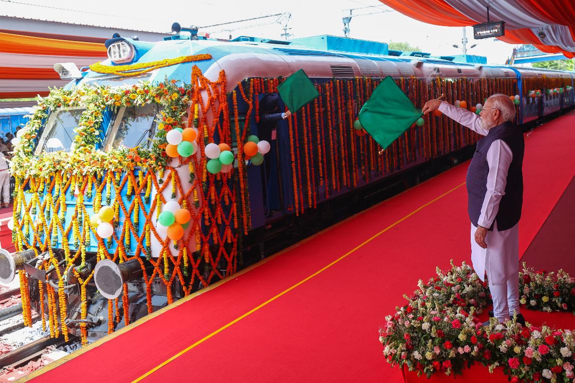 India Prime Minister Narendra Modi flags off India's first indigenously built hydrogen-powered train named the "NaMo Green Rail," at Jind, in the Indian state of Haryana, Friday, July 17, 2026. (Indian Prime Minister's Office via AP)
