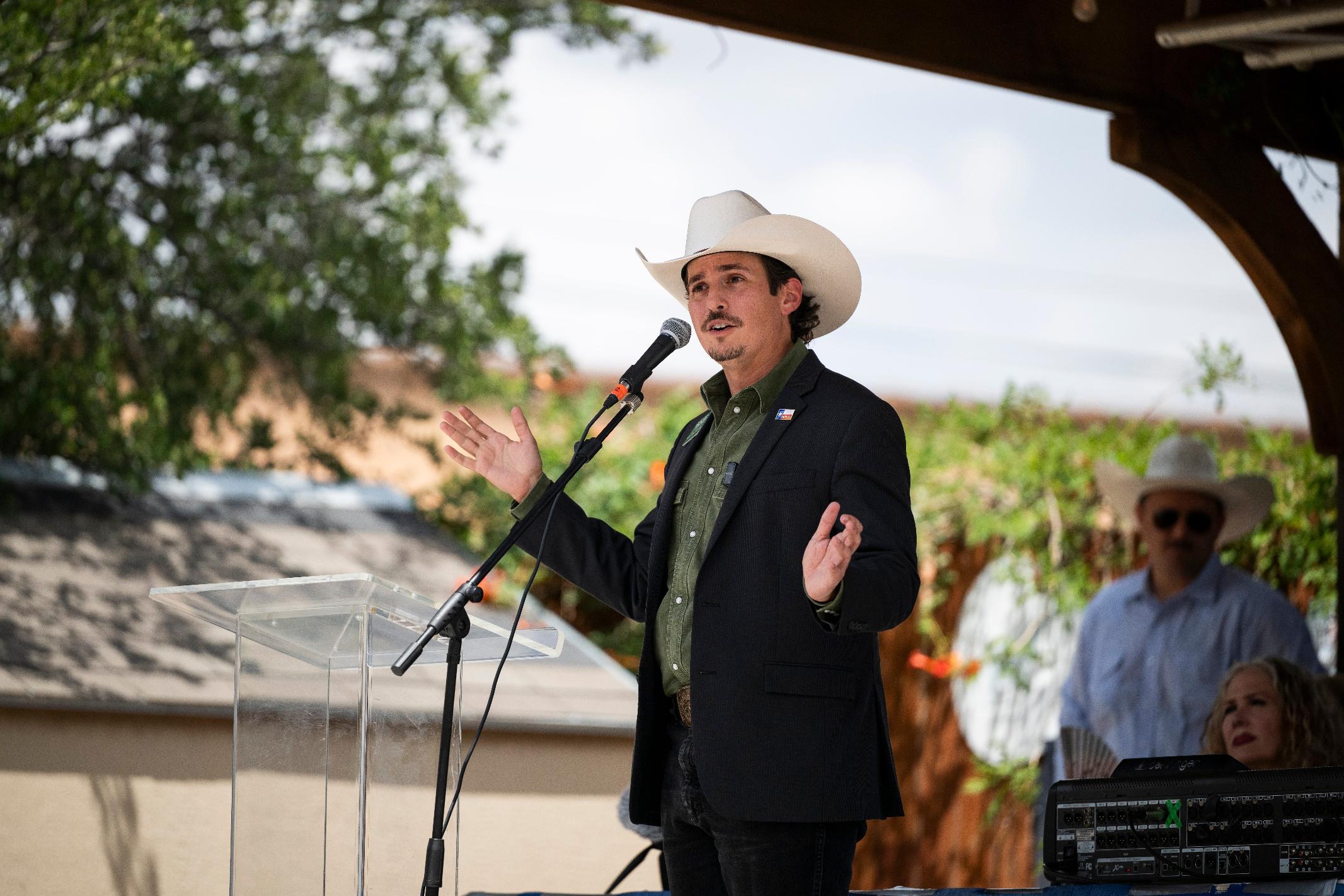 Democratic candidate for Texas agriculture commissioner Clayton Tucker speaks at a rally, Saturday, July 18, 2026, in Lubbock, Texas. (AP Photo/Justin Rex)