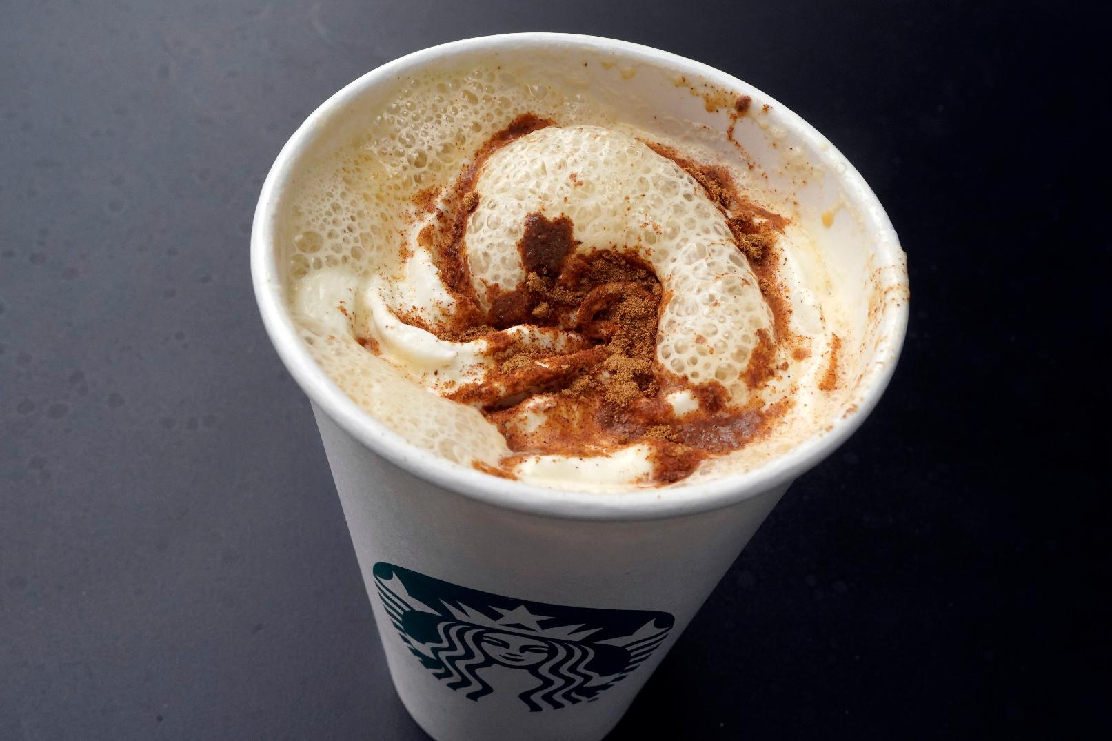 FILE -A Pumpkin Spice Latte drink rests on a table at a Starbucks in New York, Aug. 24, 2023. (AP Photo/Richard Drew, File)