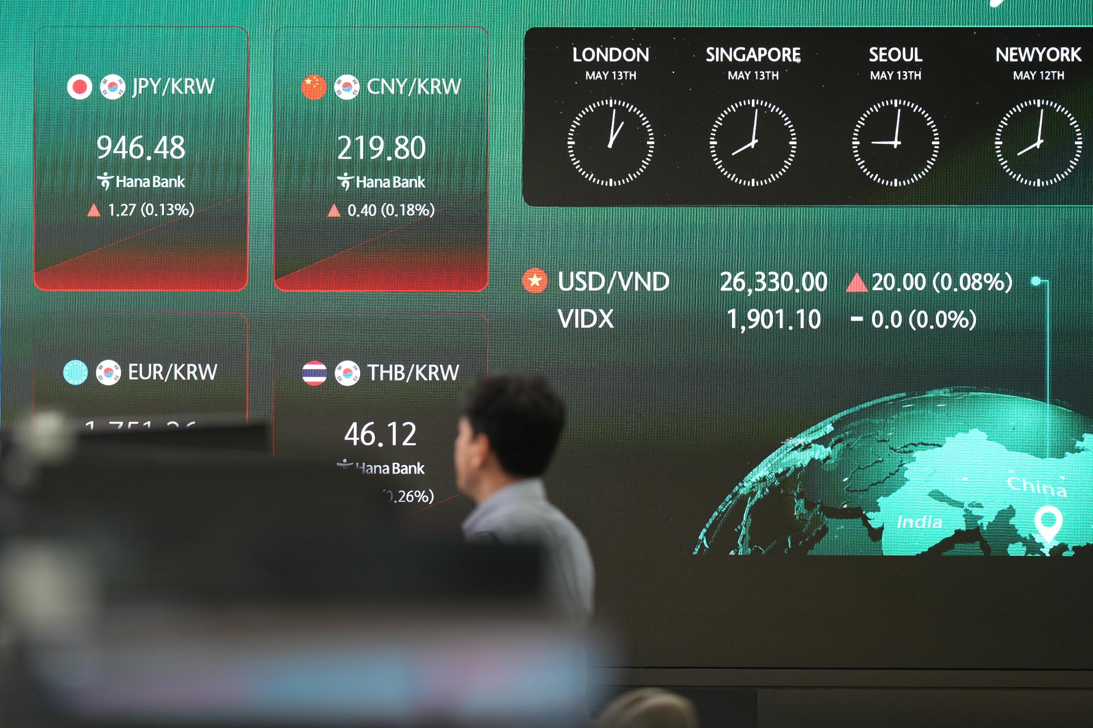 A dealer walks past near the screens showing the foreign exchange rates at a dealing room of Hana Bank in Seoul, South Korea, Wednesday, May 13, 2026. (AP Photo/Lee Jin-man)