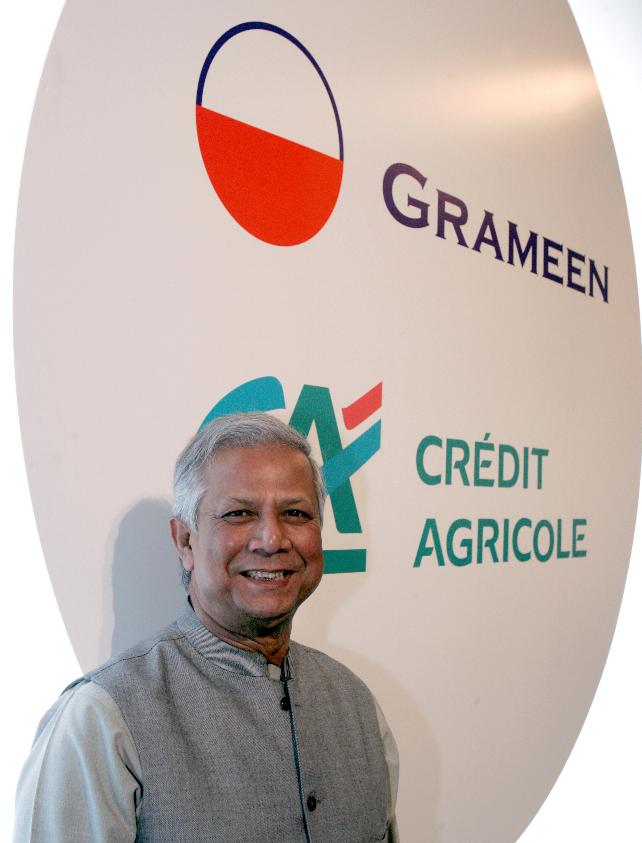 FILE- Muhammad Yunus, an economist from Bangladesh who founded the Grameen Bank and won a Nobel Peace Prize, is seen at the end of a press conference in Paris Monday Feb. 18, 2008. (AP Photo/Remy de la Mauviniere, File)