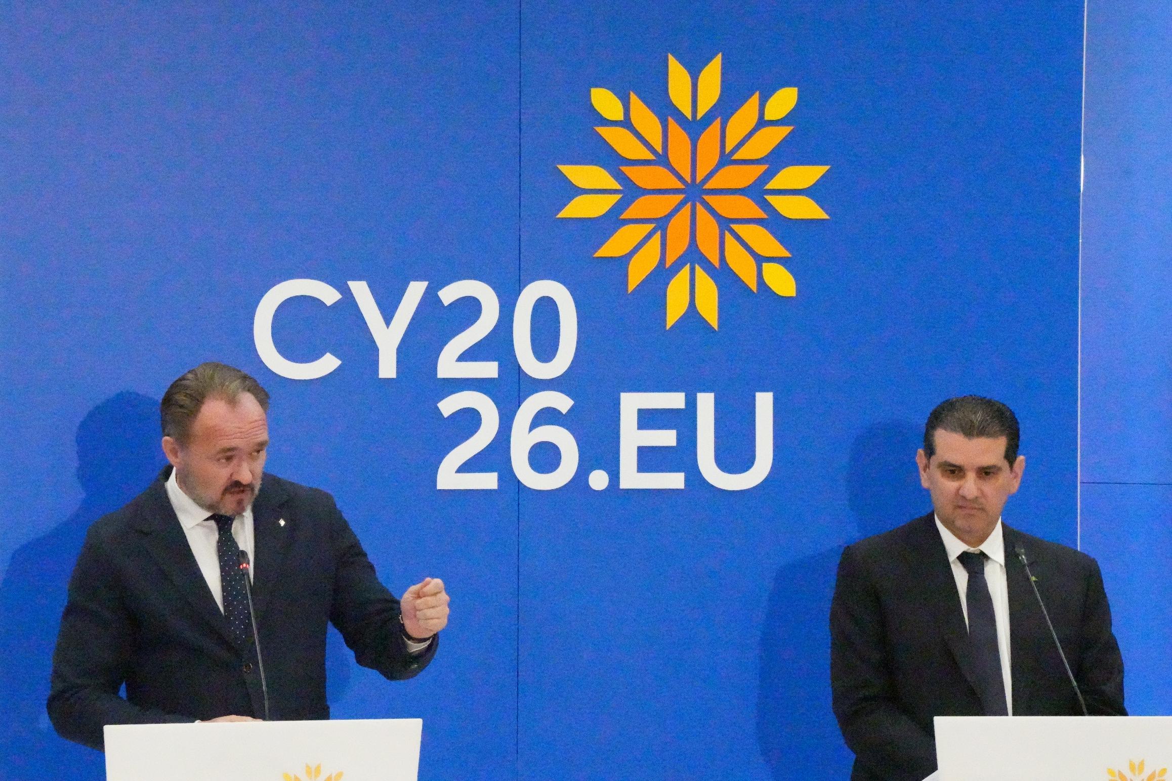 European Commissioner for Energy and Housing Dan Jorgensen, left, and Cyprus' Energy minister Michael Damianos speak during a press conference after the EU informal meeting of Energy Ministers in Capital Nicosia, Cyprus, Wednesday, May 13, 2026. (AP Photo/Petros Karadjias)