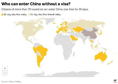 The map above shows which countries can enter China visa-free for 30 days and those which can enter on a 10-day visa-free transit entry. (AP Graphic)