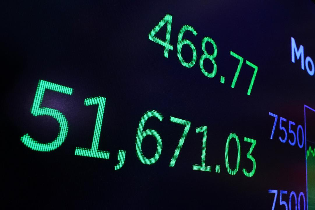 A board above the New York Stock Exchange trading floor displays the closing number for the Dow Jones industrial averge, Monday, June 15, 2026. (AP Photo/Richard Drew)