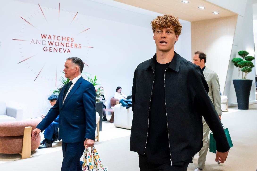 Italian tennis player Jannik Sinner at the opening day of the "Watches and Wonders Geneva" luxury watch fair, in Geneva, Switzerland, Tuesday, April 14, 2026. (Salvatore Di Nolfi/Keystone via AP)