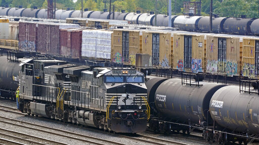 FILE - Norfolk Southern locomotives work in the in the Conway Terminal on Sept. 15, 2022, in Conway, Pa. Another railroad union rejected its deal with the major freight railroads Wednesday, Oct. 26, as workers are increasingly frustrated with the lack of paid sick time in the industry, adding to concerns about the possibility of a strike next month that could cripple the economy. (AP Photo/Gene J. Puskar, File)