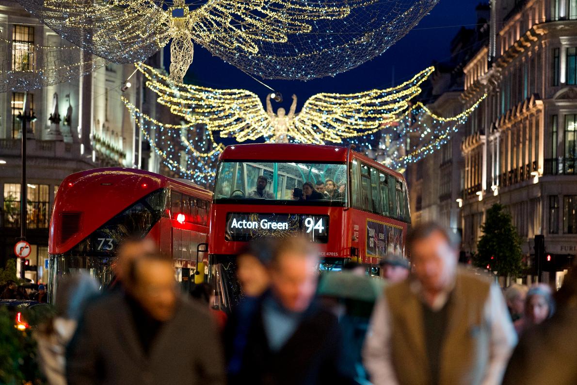 FILE - Christmas lights are displayed on Regent Street in London on Nov. 24, 2022. The British economy flatlined in the third quarter of the year, official figures showed Friday, Nov. 10, 2023, ahead of a budget statement from the government later this month. (AP Photo/Kin Cheung, File)