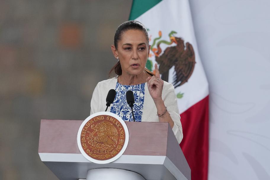 Mexican President Claudia Sheinbaum speaks during a meeting with business leaders in Mexico City, Monday, May 4, 2026. (AP Photo/Fernando Llano)