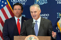 Major League Baseball commissioner Rob Manfred, right, speaks during a new baseball stadium news conference as Florida Gov. Ron DeSantis looks, Tuesday, Feb. 3, 2026, at Hillsborough College in Tampa, Fla. (AP Photo/Chris O'Meara)