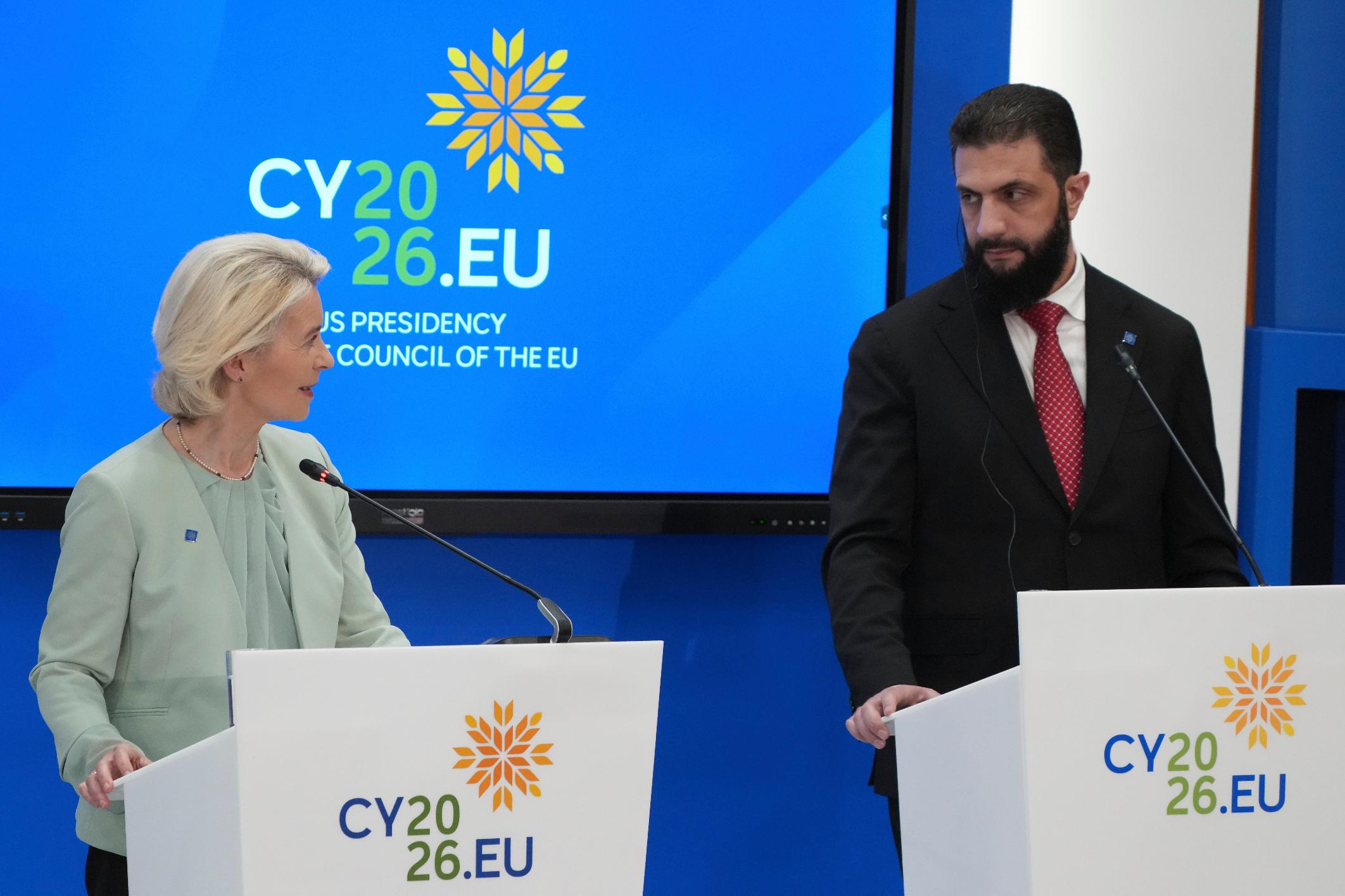 European Commission President Ursula von der Leyen, left, and Syrian President Ahmad al-Sharaa join a press conference after the EU Summit in Nicosia, Cyprus, Friday, April 24, 2026. (AP Photo/Petros Karadjias)